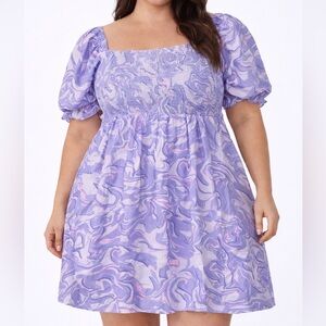 Ava & Viv Plus Size 3X Purple Marble Puff Sleeve Smocked Dress NWT